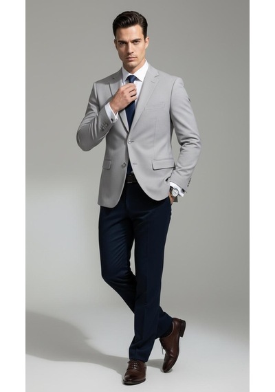 Plus Scorpion Ck 142 Slim Fit Mikro Desenli Erkek Ceket Yazlık Pike Kumaş Çift Yırtmaç Blazer Gri