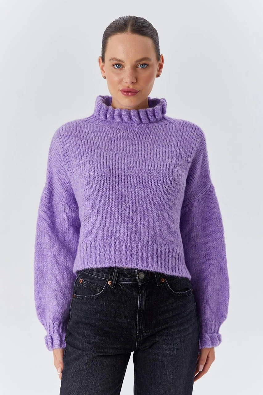 Mixray 6883 Kadın Fırfır Detay Crop Triko Kazak Lila