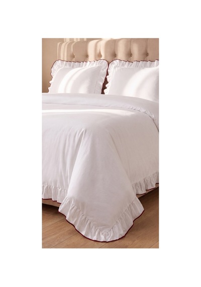 %100 Pamuk Overloklu Fırfırlı Çift Kişilik Nevresim Takımı Lastikli Çarşaflı 200x220 Cm Bordo - 904804703 Bordo