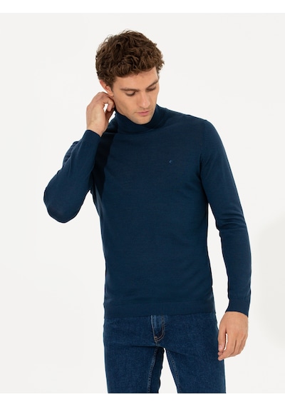 Cacharel İndigo Slim Fit Balıkçı Yaka Basic Triko Kazak Mavi