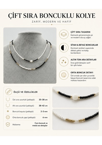 Noir Denge Siyah Beyaz Çift Sıra Boncuklu Kadın Kolye Altın Renk Ara Detaylı Katmanlı Choker Kolye Renkli Noir Denge Siyah Beyaz Çift Sıra Boncuklu Kadın Kolye Altın Renk Ara Detaylı Katmanlı Choker Kolye Renkli