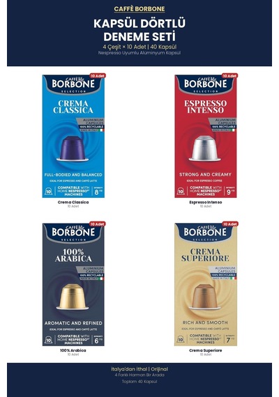 Caffe Borbone 4 Çeşit Dörtlü Deneme 40 Kapsül Nespresso Uyumlu Keşif Paketi Kapsül Kahve