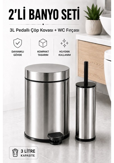Pedallı 3 Lt Paslanmaz Metal Çöp Kovası ve Tuvalet Fırçası, 2’li Banyo ve WC Seti – Krom