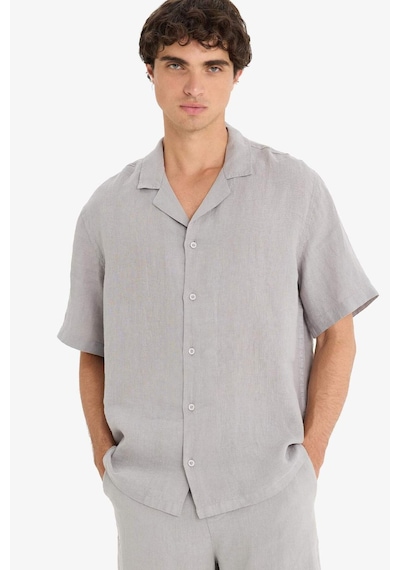 Defacto %100 Keten Relax Fit Apaş Yaka Kısa Kollu Gömlek F4597ax25hsgr454 Gri