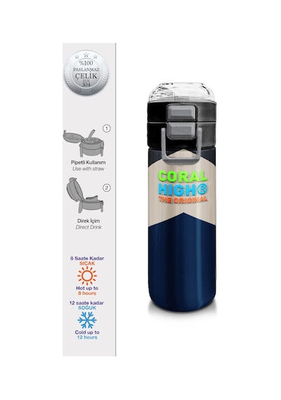 Coral High Kids Lacivert Koyu Gri Bej Desenli Pipetli Ve Direkt İçim Çelik Termos 500 Ml 31893 Lacivert - Şeffaf
