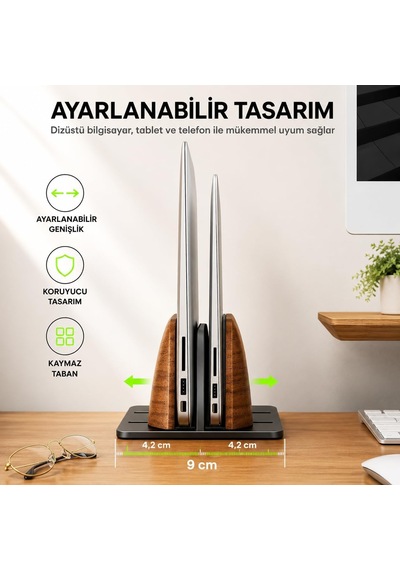 Ahşap Dikey Laptop Standı, Çift Yuvalı 2 Cihazlık Macbook Ve Notebook Tutucu, Masaüstü Organizer, Kaymaz Tabanlı Ahşap Metal Bilgisayar Standı Kahverengi