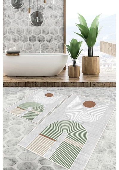 Dijital Baskı Modern Kaymaz Taban 2li Set Banyo Paspası Klozet Takımı 50x60cm-60x100cm Yeşil