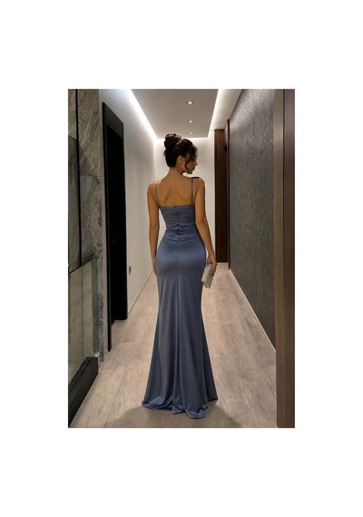 Lior Design Kadın Şık Saten Kumaş V Yaka Yırtmaçlı Askılı Abiye Elbise İndigo