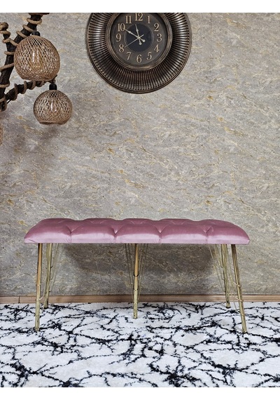 Zafir Metal Gold Tel Ayaklı 100 Cm Puf Bench - Puf - Bench - Oturak - Mutfak Oturağı - Antre Oturağı Pembe