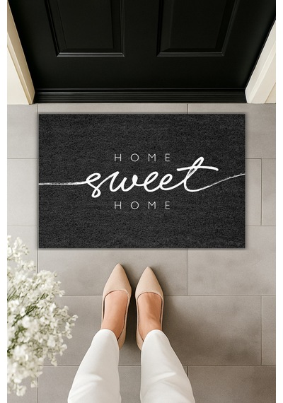 Rugmood Modern Dijital Baskı Paspas - Popüler Home Sweet Home - Kapı Önü Paspası 70x45cm Siyah