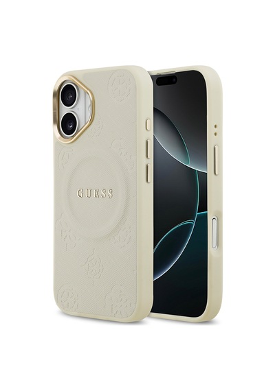 Apple Uyumlu iPhone 17 Kılıf Guess Lisanslı M-safe Özellik Sıcak Baskı Yazı Logolu Pu Deri Peony Kapak Bej Bej
