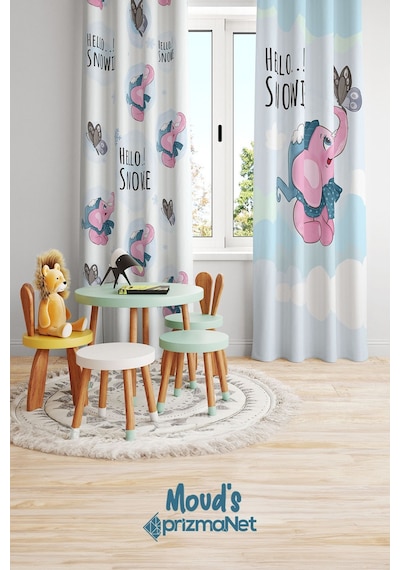 Pembe Fil Desenli Baskılı Çocuk Ve Bebek Odası Fon Perdesi 2 Kanat - Prd-24 Çok Renkli