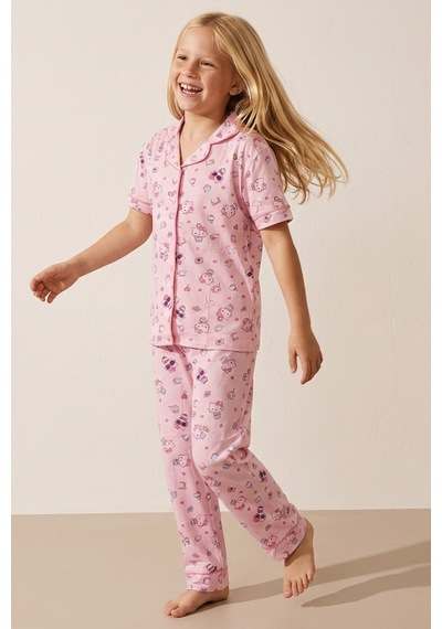 Siyah İnci Hello Kitty Lisanslı %100 Pamuk Pembe Çok Renkli Düğmeli Biyeli Pijama Takım 26120451