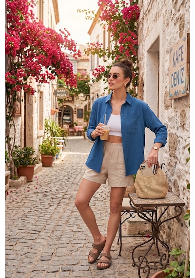 Lela Regular Fit Tek Cepli Önü Kısa Arkası Uzun Krinkıl Bayan Gömlek 6772752 Indigo