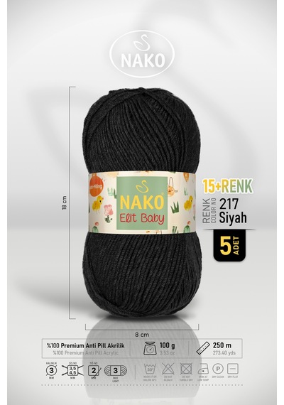 Elit Baby - 217 Siyah - 5'li Paket - 100gr/250m - Bebek İpi - Anti Pilling Tüylenmez İp