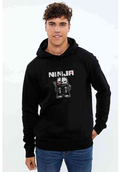 Undertale Ninja Baskılı Siyah Erkek Örme Kapşonlu Sweatshirt