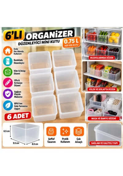 6'lı Mini Organizer Kutu 750 Ml Buzdolabı Kiler Dolap Düzenleyici Şeffaf Saklama Kutusu Şeffaf Beyaz