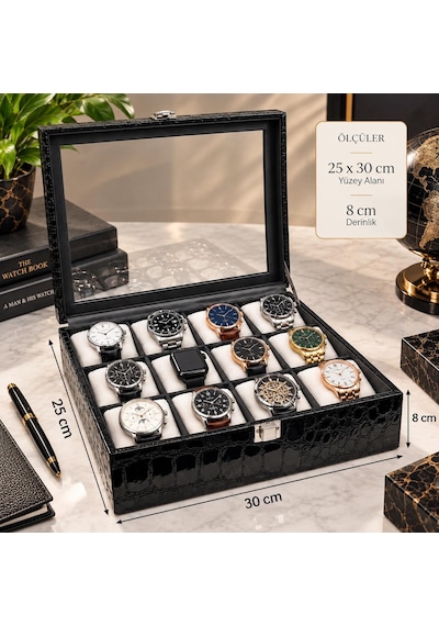 12 Li Premium Rugan Saat Koleksiyon Kutusu Cam Kapaklı Siyah Kroko Desenli