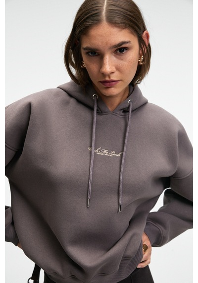 Grimelange JASSES Kadın Oversize Nakışlı Kapüşonlu Antrasit Sweatshirt