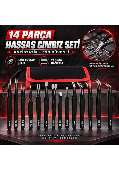 Hassas Cımbız Seti Elektronik Takı Laboratuvar El Sanatları 14 Parça Esd Antistatik Paslanmaz Çelik