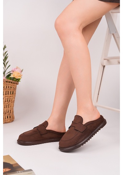 Muggo Vintage Süet Deri Günlük Rahat Önü Kapalı Kadın Loafer Terlik Kahverengi
