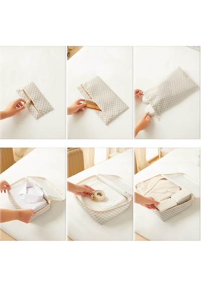 Ocean Home Textile 6'lı Yıkanabilir Gri Dama Desen Pamuklu Bavul İçi Düzenleyici Set Gri