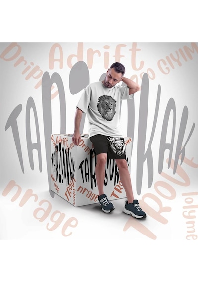 Tarzsokak Unisex Şort Takım Leo King Letter Graphic Drawstring Waist Beyaz