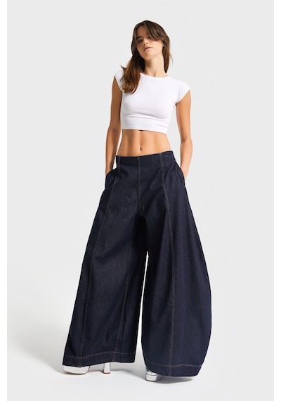 Itsbasic Kadın İndigo Renk 7w5-50 Yüksek Bel Palazzo Balon Fit %100 Koton Özel Tasarım Denim Jean