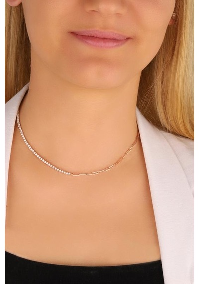 Yarısı Suyolu Yarısı İtalyan Zincirli Gümüş Choker Kolye Rose Gold