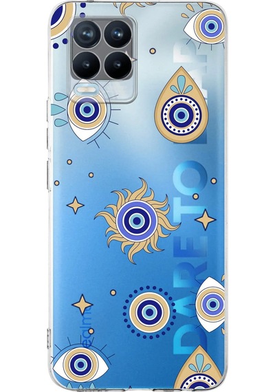Realme 8 Pro İle Uyumlu 1mm Slim Fit Nazar Boncuğu 5 Baskılı Şeffaf Kılıf Şeffaf