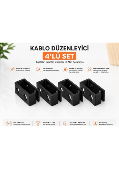 Veriqo 3d 4'lü Kablo Düzenleyici Kablo Sabitleyici Kablo Tutucu Vida Montajlı Kablo Klipsi Siyah