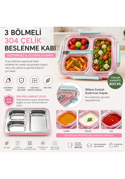 Muzeko Diyet, Beslenme Kabı Mzk4003 Sızdırmaz Kapaklı Metal 3 Bölmeli Lunch Box Beslenme 800ml 304çelik Pembe Okul Piknik Ve İşyerleri İçin Açık Pembe