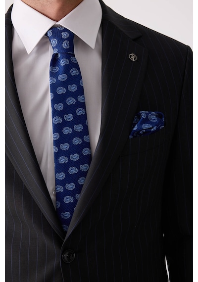 Erkek Siyah Slim Fit Çizgili %100 Yün Takım Elbise