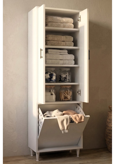 Karanfil 2 Kapaklı Çamaşır Sepetli Çok Amaçlı Dolap Banyo Dolabı Kirli Çamaşır Dolabı Beyaz