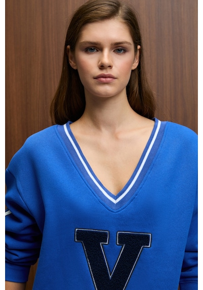 Grımelange Dıvıne Kadın V Yakalı Nakış Ve Patch Detaylı Mavi Sweatshirt Mavi