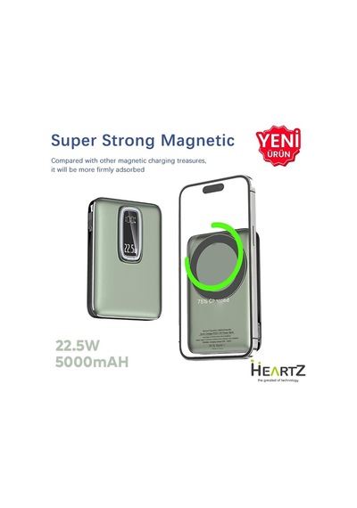 Magnetic Power Bank 5000 Mah Kablosuz Hızlı Şarj Led Gösterge Ekran Magsafe Uyumlu 22.5w Pd Qc Taşınabilir Şarj Cihazı Standlı Kendinden Kablolu Type-c Usb Powerbank Güç Kaynağı Fast Zümrüt Yeşil
