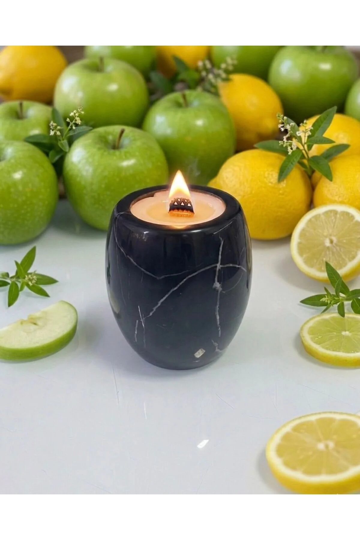 Yeşil Elma Ve Limon Kokulu Mum Doğal Mermer %100 Soya Wax Siyah