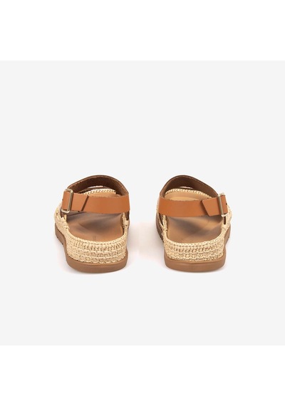 Hawen Angels Kadın Hasır Örgü 3cm Kauçuk Tabanlı Deri Sandalet 4003 Taba