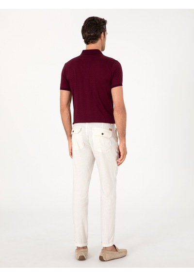 Cacharel Ekru Slim Fit Çizgili Keten Karışımlı Spor Pantolon Bej
