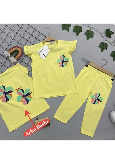 Çiçek Desenli Taytlı Kız Çocuk Takimi Sarı