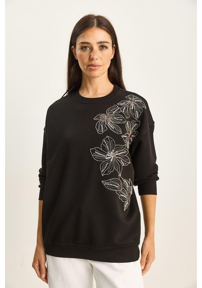 Shade Kadın Bisiklet Yaka Çiçek Boncuk İşlemeli Relaxed Sweatshirt 1572 60283809 - Siyah