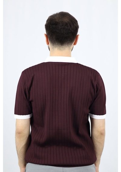 Ventov Fermuarlı Polo Yaka Fitilli Erkek Triko Vtr2601 Bordo - Beyaz