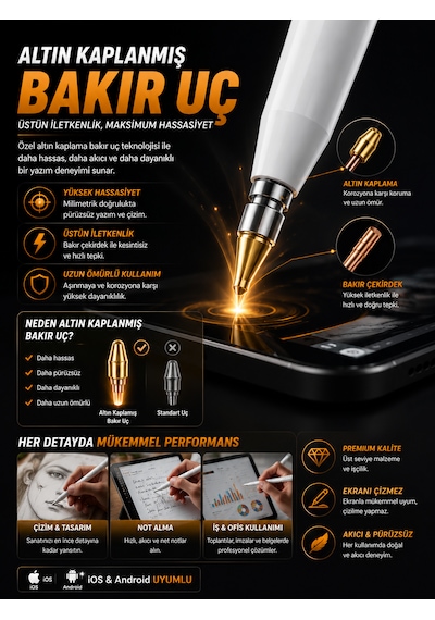 140mah İpad Tablet Akıllı Stylus Kalem Apple iOS Android Uyumlu Altın Kaplanmış Bakır Uç Hassas