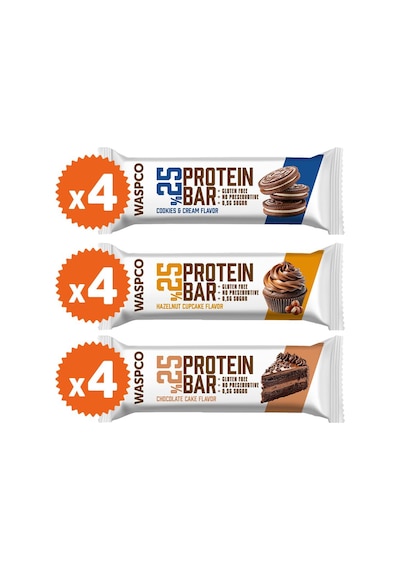 Waspco Bitter Çikolata Kaplı Protein Bar Karma Kutu 36G x 12 Adet 3 Çeşit