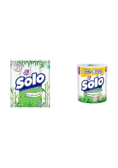Solo Kağıt Havlu Bambu Katkılı 16'lı + Solo Kağıt Havlu Akil'li Seçi Mler Dev Rulo 1 8