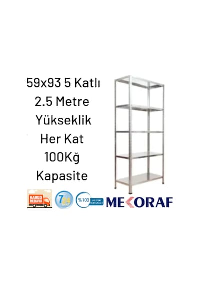 Mekoraf 59X93 5 Katlı 2.5 Metre Yükseklik Raf Sistemi Gri