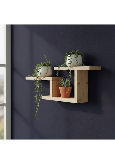 Modern Dekoratif Ahşap Duvar Rafı - 48x29 Cm - Çift Taraflı Bantlı Montaj - Saksılık & Kitaplık Bej