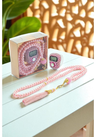 Hediyelik Taşlı Zikirmatik Ve 99 Lu İnci Tesbih Kutulu Set - Pembe