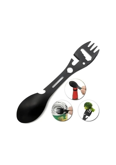 2'li Paket 5'i 1 Arada Spork Seti Paslanmaz Çelik Kamp Çatal Kaşık Bıçak Şişe Açacağı Outdoor Mkmp-0044 Siyah