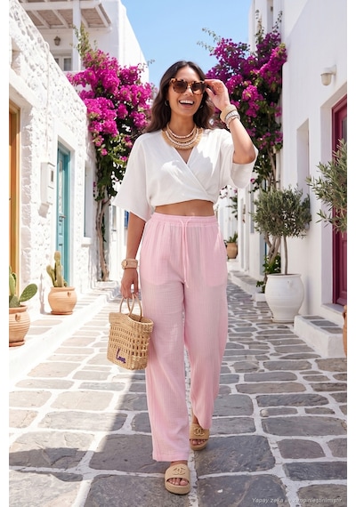 Lela Pamuklu Bağlamalı Relaxed Fit Yüksek Bel Geniş Paça Müslin Pantolon Kadın Pantolon 5866663 Pembe Lela Pamuklu Bağlamalı Relaxed Fit Yüksek Bel Geniş Paça Müslin Pantolon Kadın Pantolon 5866663 Pembe